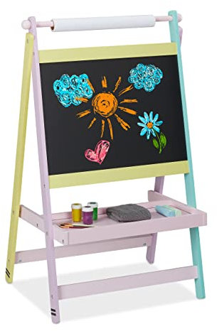 Relaxdays Lavagna per Bambini, 2 in 1, Rotolo di Carta, Scrivere, Disegnare, Autoportante, HLP: 90x56x42 cm, Multicolore, Fibra di Legno