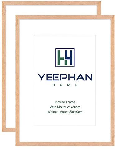YEEPHAN 30x40 cm Bilderrahmen aus massivem Eichenholz mit kunststoffglas front Display a4 (21x30cm) Bild mit Passepartout oder 30x40 Foto ohne Passepartout für die Wandmontage, 2er Set