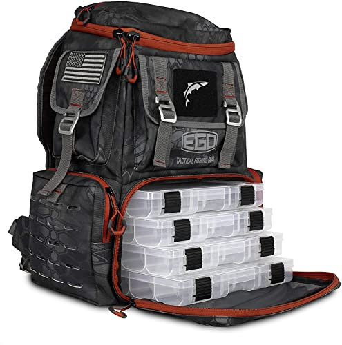 Ego Herren Angelbox, Kryptek Tackle Box, Angelset mit 4 Zubehörtabletts, wasserabweisendes PVC, mehrere Aufbewahrungstaschen, Werkzeugtasche, G-Haken-Verschlusssystem, Typhon Rucksack, Backpack