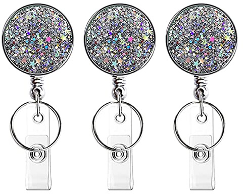 JOOTUEPO clip a bobina, porta badge a forma di bobina retrattile con clip per cintura per infermiere, volontario, insegnante, studente, impiegato (argento glitterato, confezione da 3 pezzi)