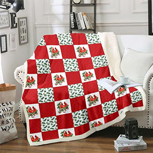 Weihnachten Decke 130x150 für Kinder Jugend Mädchen Rot Kardinal Vögel Decke Werfen Botanische Beeren Muster Fuzzy Decke Bezug Rot Weiß Büffel Kariert Patchwork Fleece Decke Weihnachten Wohnkultur