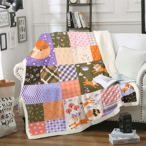 Fuchs Decke 75x100 Cartoon Tier Patchwork Fleece Decke für Kinder Mädchen,Bunte Gitter Blumen Decke Werfen Rustikal Wildtiere Fuzzy Decke,Geometrische Diamant Lila Büffel Plaid Schlafzimmer Dekor