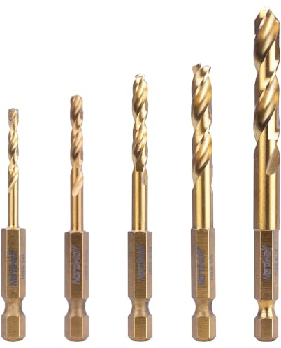 NordWolf 5-Piece HSS M2 Drill Bit Set, Titanium Nitride Coating with 1/4 Hex Shank, SAE Sizes 1/8-5/32-3/16-1/4-5/16 in Storage Case