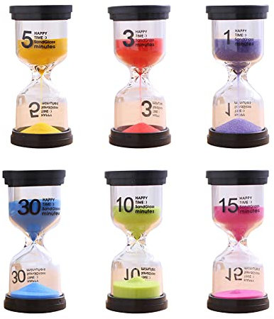 Set di 6 clessidre in 6 colori, clessidra colorata, timer per uova, 1/3/5/10/15/30 minuti, timer in vetro, set per bambini, timer da cucina, per scuola, kita, giochi di classe, casa, ufficio, tea time