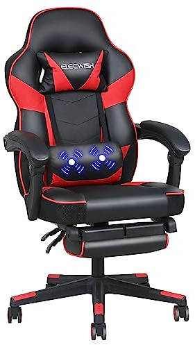 YU YUSING Gaming Stuhl Bürostuhl Massage, Racing Gamer Stuhl Ergonomischer | Hochenverstellbar Drehsessel mit Fußstütze,Abnehmbare Kopfstütze, 90-150° Rückenlehne Verstellbar,Lendenkissen (Rot)