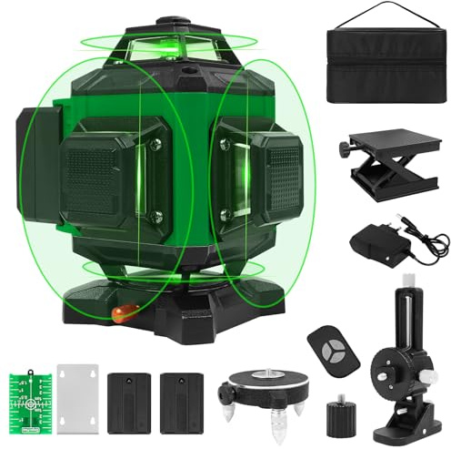 Livella Laser Autolivellante 4 x360° Professionale,4D 16 Linee Livella Laser Verde,IP54 Antipolvere,Impermeabile,±4° Livellamento Automatico,Base Girevole Magnetica,con 2 * 2400mAh Batterie