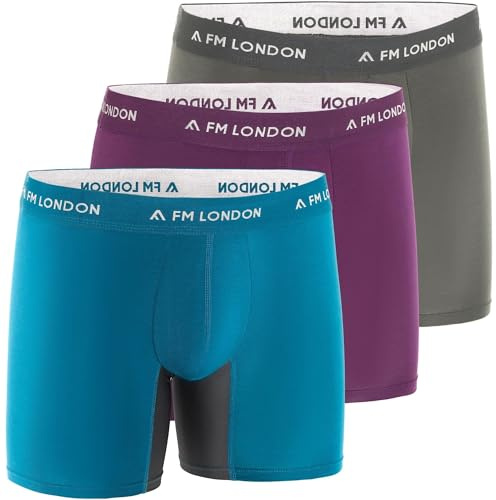 FM London Confezione da 3 Boxer da uomo in fibra di bambù con interno coscia anti-sfregamento - Morbidi boxer a gamba lunga con marsupio ergonomico, Carbone, Verde, Viola, 4XL