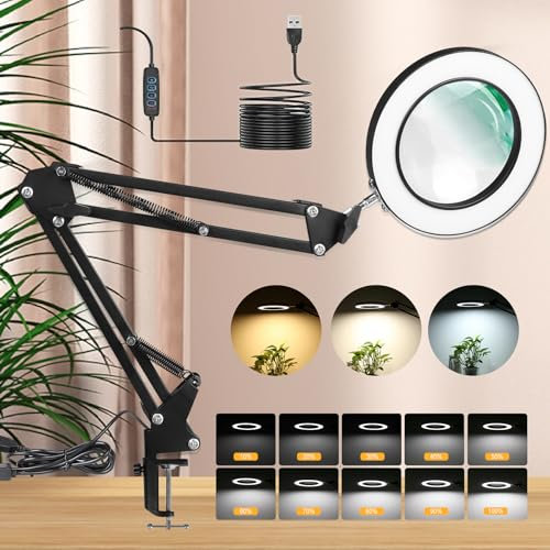 CANMEIJIA 10X Magnifying Glass with Light,Dimmable LED Magnifying Lamp with 3 Color Modes,Black Magnifier with Light Adjustable Swivel Arm,Magnifying Glasses for Hobbies Reading Work