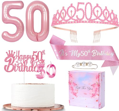 Pink 50th Birthday Decorations - Sash, Tiara, Crown, Candle Topper, Balloons