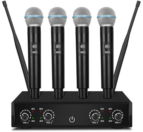 4 Kanal Mikrofon Kit Wireless Karaoke Mikrofon mit 4 Handmikrofonen Fifine Mikrofon Mikrofon Handheld Dynamic mit Empfänger für Hochzeit Party Kirche Rede Bühne Vortrag Konferenz Schwarz Mikrofonset