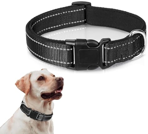 Dog Collar, Reflective Nylon Dog Collar with Safety Buckle, Black Soft Neoprene Padded Breathable Adjustable Classic with Quick Release Buckle for Dogs - L (40-60cm)