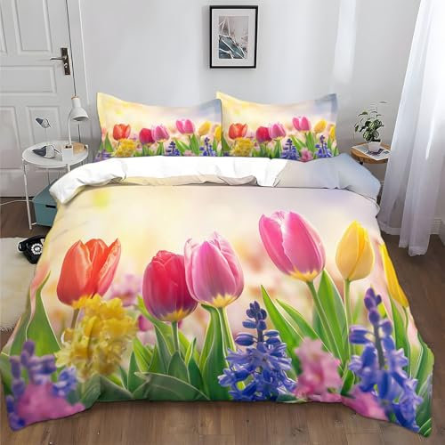 3-teiliges Landschaft Fotografie Bettwäsche-Set mit Landschaftsfotografie Blumen Hyazinthen, 200 x 220 cm Weicher Bettbezüge, Leicht und Atmungsaktiv Bettbezug für Kinderzimmer oder Gästezimmer