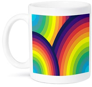 Coffee Mug Image of Large Neon Interlocked Circles in Blue Red Aqua Yellow White Mug with Handle Novelty Ceramic Mug Personalized Stoneware Coffee Mug for Kitchen Beer 330Ml
