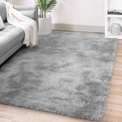 FVVRAX 140x200 cm Hochflor Teppiche für Schlafzimmer Wohnzimmer, Tie-Dyed Hellgrau Flauschig Fuzzy Shag Shaggy Teppich weichen Plüsch Teppich, Indoor-Boden Teppich für Kinder Home Decor Ästhetik