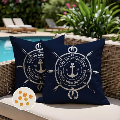 Jayusaror Kissenbezug Outdoor 45x45 Wetterfest Blau Kissenhülle Maritim Anker Sommer Kopfkissenbezug Kissenbezüge Nautisch Kissen Zierkissenbezüge für Sofa Wohnzimmer Garten Deko，2er Set