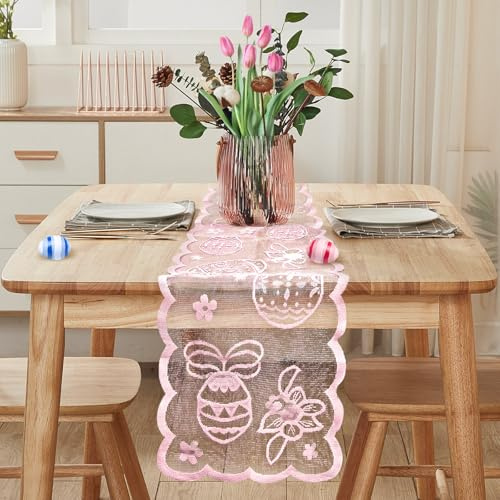 Easter Lace Table Cloth Runner, FainFun Ostertischläufer 183*33CM, Ostern Tischläufer Kaninchen, Frühling Esstisch Dekoration, für die Drinnen Urlaub Party Dekor, Wohnzimmer (Rosa)