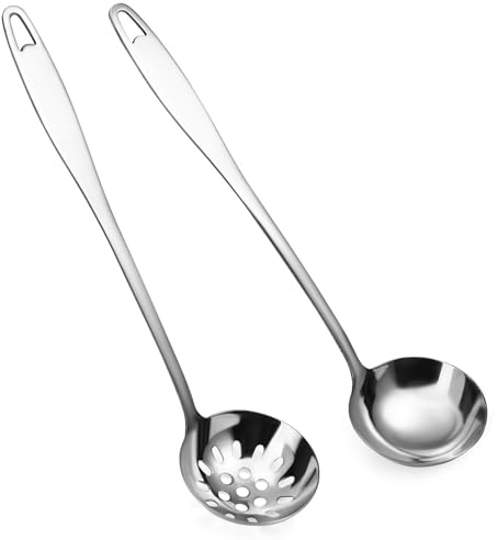Diakey Lot de 2 louches à soupe et cuillères à fente, louches en acier inoxydable SUS304 très résistantes en acier inoxydable SUS304, écumoire, passoire, cuillère pour servir des sauces, 36 cm