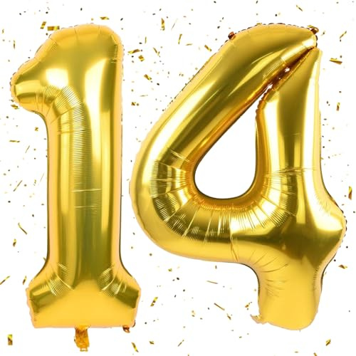 Golden Luftballon 14,Zahlen Luftballon Golden,40 Zoll Folienballon 1&4,Golden Zahlenballon 14 Helium Ballon Luftballon 14 Geburtstag für 14th Geburtstagsdeko Mädchen Junge Jubiläum Party Deko