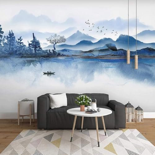 Ink and Wash Mountains Rivers Trees Boats Birds 3D Wallpaper Feature Office Living Room Sofa Bedroom TV Background Wall Decoration-430cm×300cm