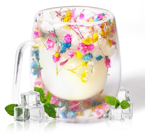 RUIOMII 370ml Flor Seca Tazas de Cafe, Vasos Doble Pared Cristal con Asa, Taza de Cafe Aislada Regalos de Cumpleaños para Mama Novia Profesora