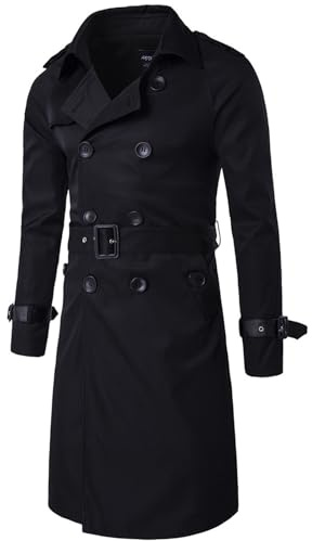 aromm Mens Trench Coat Slim Fit Double Breasted Long Windbreaker Jacket with Adjustable Belt