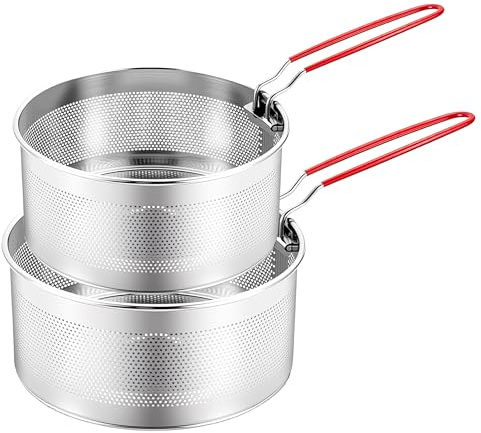 Elecbee 2PCS 304 Stainless Steel Deep Fry Basket Set with Removable Handle, Kitchen Pasta Strainer, Wire Mesh Frying Baskets for French Fries, Boiling Blanching and Multi-Purpose Cooking(16cm + 18cm)