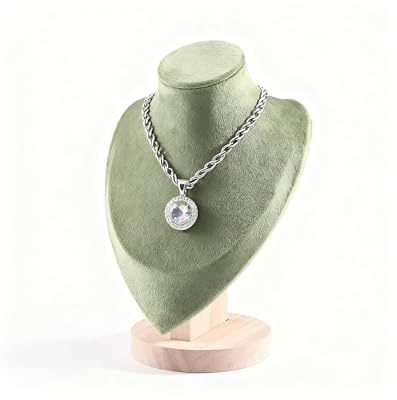 TINGSING Velvet Necklace Display Stand Jewelry Bust Display Stands with Wood Base Mannequin Necklace Pendant Chain Holder Organizer for Jewelry Showcase, Boutiques, Trade Show,Medium,Light Green
