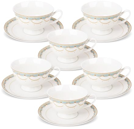 fanquare Tazze da Tè e Piattini in Pizzo Blu Set di 6 Tazze da Caffè Britanniche e Piatti in Osso di Porcellana per Regali per il Tè Pomeridiano
