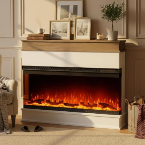 M.C.Haus 3-sided electric fireplace insert - Minimalist fireplace - 12 color flame effects - 1800/900 watt heater - Remote control - Wood & crystals (50, white)