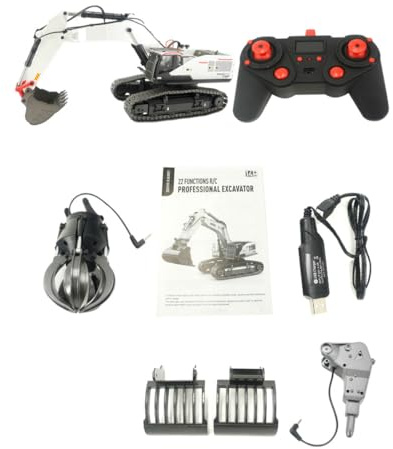 TBRICKFUNR Escavatore radiocomandato, scala 1:14, scala 22 canali, realistico, scavatore RC con grabber, artiglio e trapano, luci a LED ed effetti sonori, regalo per adulti (bianco)
