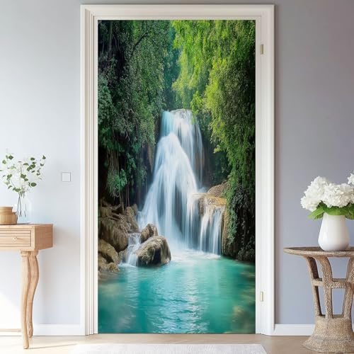 Türtapete Selbstklebend Abnehmbar 95 x 215 cm PVC TürPoster, Grün Blau Natur Wasserfälle Fluss Thema Türaufkleber Wasserfest Türfolie für Schlafzimmer Küche Gang Badezimmer