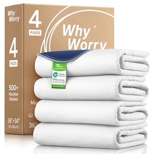 WhyWorry Tvättbara inkontinenslakan för vuxna | 86 x 91 cm | för enkelsäng | vattentäta sängvätningsmattor | återanvändbara sängskydd | kissdynor | vita | 4-pack