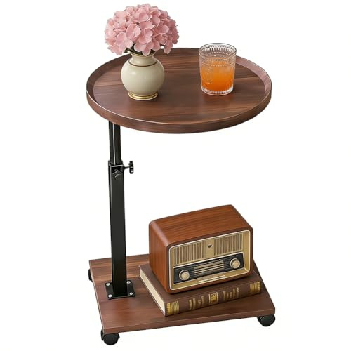 Wapasezyar Table d'appoint avec roulettes, table d'appoint réglable en hauteur, en forme de C, table basse, table basse, table basse, table basse, petite pour salon, canapé (noyer)