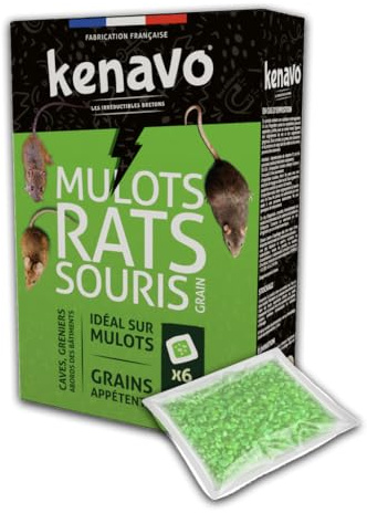 Kenavo Appâts Grains Anti Rats, Souris et Mulots Appâts rodenticides à la Bromadiolone | Élimine efficacement Rats, Souris et mulots | Grains Ultra-appétents Usage intérieur et extérieur | 150g