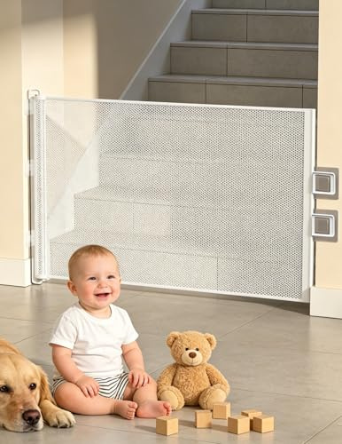 Treppenschutzgitter Ausziehbar für Babys, 0-150cm Treppenschutzgitter Türschutzgitter Ausziehbar Geeignet für Innen Außenbereich, Sicherheitsgitter (Weiß-150CM), Inklusive Installationszubehör