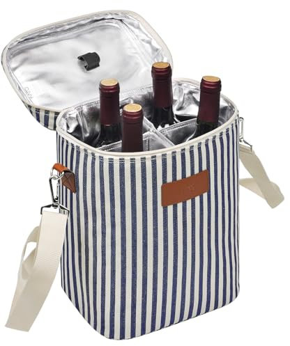 Kato Tirrinia Insulated Wine Cooler Bag - 4 Bottle Travel Padded Wine Carrier Tote Bag for Picnic Beach and Camping, Wine Lover Gift, Striped