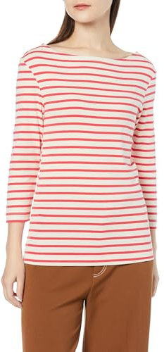 Amazon Essentials Camiseta de Manga 3/4 y Escote Barco de Corte Estrecho Mujer, Marfil Rojo Rayas, M