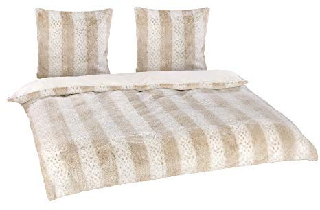 BaSaTex Winter Plüsch Flausch Bettwäsche Bett Garnitur 3-teiliges Set|200x220 cm + 2X 80x80 cm | Schnee Leopard | Chinchilla Fellimitat | Weiß Beige Grau