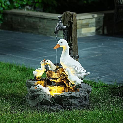 Fiorky Animal Garden Statue with Solar Garden Lights, Squirrel/Duck Water Fountain Outdoor Sculpture, Cascading Freestanding Garden Resin Statue, Animal Water Feature Fountain Decoration (Duck)