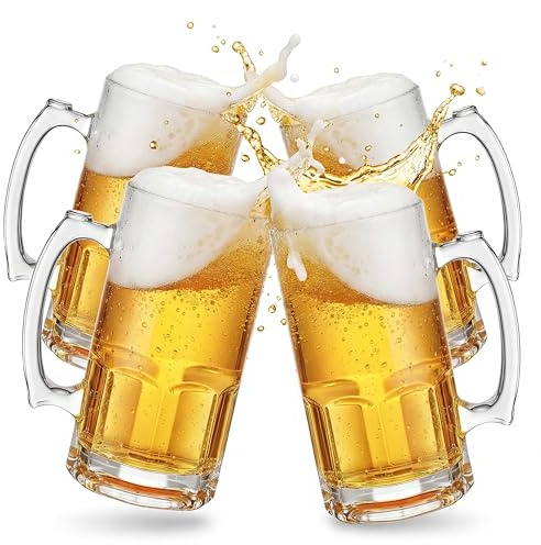 Lallisa 4 Pack 34 oz Extra Large Glass Beer Mugs with Handles, German Style Heavy Beer Steins for Freezer, Tall Clear Thick Glasses Weizen Mugs, Men Dad Gift for Fathers Day