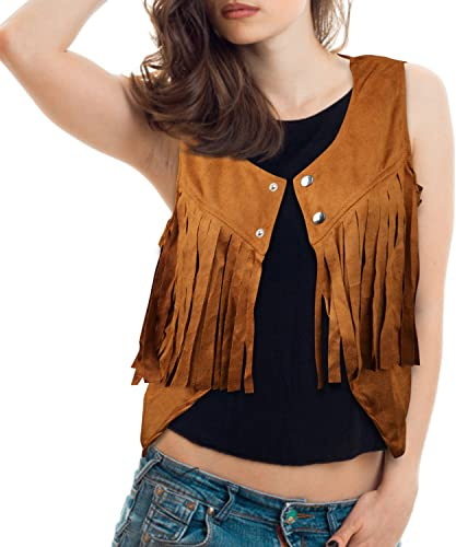 LUTER Chaleco con Flecos, Suave Chaqueta Mujer Hippie Sin Mangas Corta con Flecos Marrón Disfraces Hippies de los Años 70 (S)