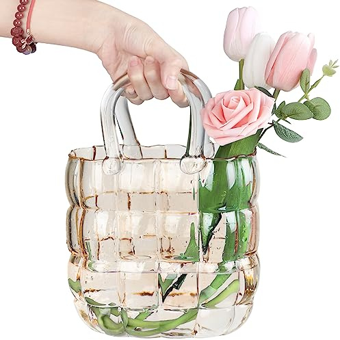 Unique Purse Vase for Flowers,11'' Handmade Thicken Bubbled Glass Bag Vases with Gradient Color for Home Decors .Great Clear Purse Flower Vase for Centerpiece,Floral Arrangement,Wedding Decors.