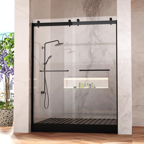 Frameless Shower Door, 5/16 (8mm) Clear Tempered Glass Shower Door, 56-60 W x 74 H, Quiet Soft-Close, Reversible Installation, SGCC Certified (Matte Black-Double Sliding Style A, 60 W x 74 H)