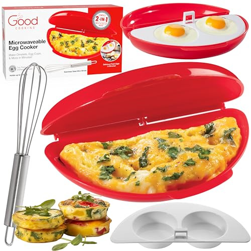 Microwave 2 in 1 Omelet Maker and Egg Cup Cooker - Make Easy Poached, Fried, or Scrambled Eggs w Removable Tray- Steel Whisk & Recipe Book included - Amazing Breakfast Sandwiches in Minutes- PVC Free