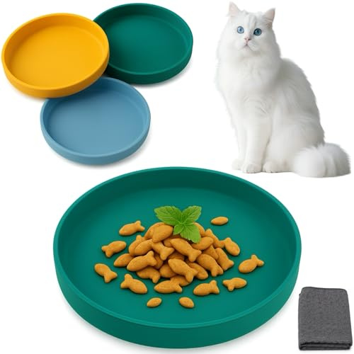 ZEOSTMONT Futternapf Katze Silikon 3er Set 18cm - Flacher Katzennapf schnurrhaarfreundlich & rutschfest - BPA-frei Fressnapf Set für Nassfutter & Trockenfutter inkl. Waffelgewebtes Reinigungstuch