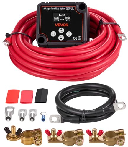 VEVOR Kit de Relé Aislador de Batería Dual, Relé Sensible al Voltaje VSR de 12V 140A 6m 6AWG con Voltímetro, Pantalla LCD, Compatible con Baterías de Litio, para UTV y ATV, 80 x 70 x 60 mm