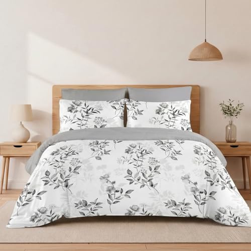 H HANSEL HOME Funda Nórdica Cama 150 – 4 Piezas – 100% Microfibra Suave y Transpirable – Funda Edredón 220x240 cm, Bajera 150x200+30 cm, 2 Fundas de Almohada 50x75 cm - Floral Gris