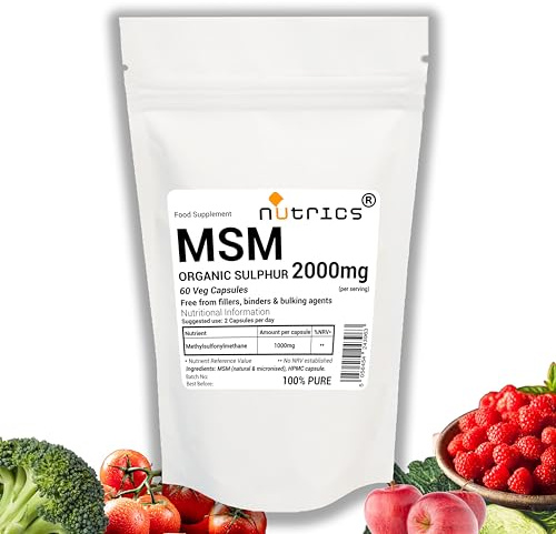 Nutrics® 2000mg MSM Natural Sulphur OrganicSulfur 60 Veg Capsules Methylsulfonylmethane - 100% Pure - Free from fillers, Binders & Bulking Agents (60)