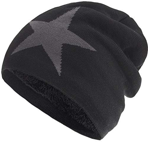 Compagno gefütterte Mütze Damen Herren Wintermütze Beanie Haube mit Stern one-Size, Farbe:Schwarz