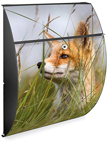 banjado Design Briefkasten - Modell Riviera 46x33,5x13cm groß - verzinkter Stahl anthrazit - Postkasten Öffnungsstopp großer A4 Einwurf Zylinderschloss 2 Schlüssel - Motiv Fuchs